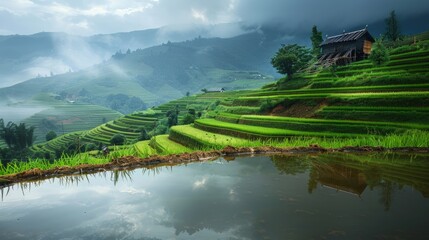 Fototapeta premium Lush Terraced Fields After Rain, Vibrant green crops thrive in post-rain serenity, glistening water mirrors the landscape, showcasing nature's rejuvenation and beauty.