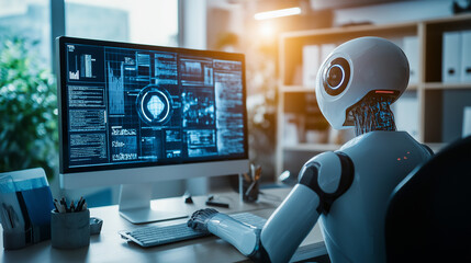 Robot Analyzing Data on Computer Screen: A humanoid robot sits at a desk, analyzing data on a computer screen in a high-tech office setting.
