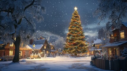 Enchanting christmas spirit, a snowy village embraces the festive glow of decorated tree