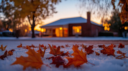 Autumn Leaves on Snow by House: Red autumn leaves lying on snow-covered ground near a suburban house during sunrise, symbolizing seasonal transition.