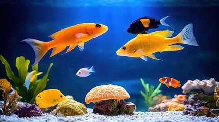 Naklejka premium Vibrant Tropical Fish Aquarium with Coral Reef and Plants