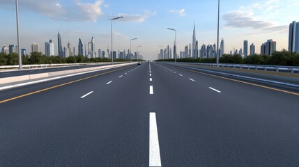 Fototapeta premium A deserted highway stretches towards the Dubai skyline during sunset, perfect for highlighting a car advertising concept