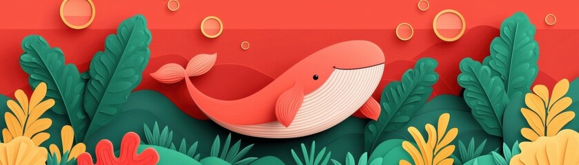 A cheerful cartoon whale swimming in vibrant ocean plants with a colorful backdrop, showcasing a playful underwater scene.