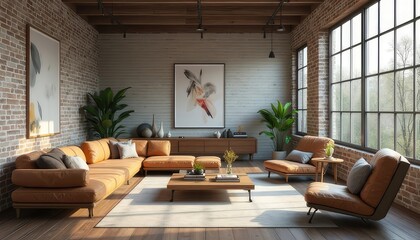 3D rendering features an industrial-style living room with a couch, chair, table, and a striking painting on the wall. Ideal for interior design portfolios and real estate listings
