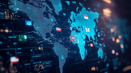 A digital world map with flags representing various international headquarters