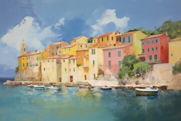 Obraz premium Italian coastal town painting waterfront vehicle.