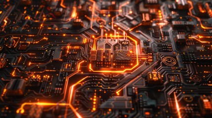 Obraz premium In a high-tech theme, the circuit is brought to life by vibrant, glowing lines around each micro component, exuding a futuristic aura.