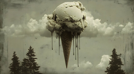 A melting ice cream cone shaped cloud hangs in a vintage sky.