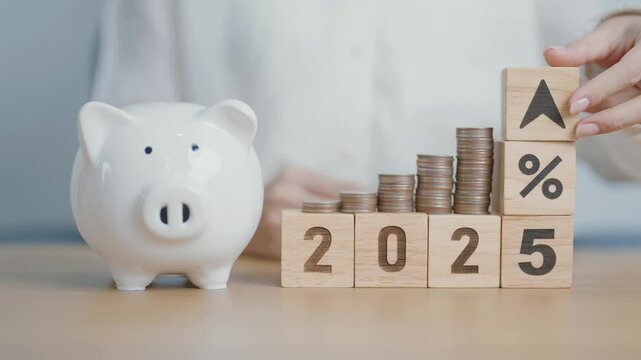 2025 New year with percentage change to UP and Down arrow with coin stack. Interest rate, GDP, stocks market, financial, deflation and Inflation, mortgage, debt, Loan and Economic Recession