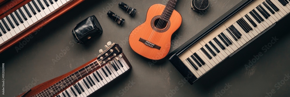 Canvas Prints A flat lay of musical instruments including keyboards and a guitar, showcasing creativity.