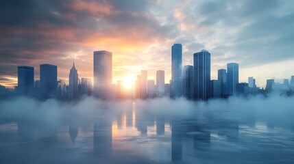 Obraz premium Foggy cityscape, skyscrapers and urban architecture enveloped in mist modern