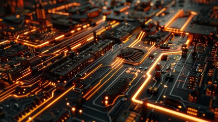 Obraz premium A network of luminous lines traces through microcomponents, giving the circuit design a sleek, futuristic feel.