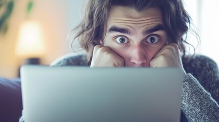 Man's humorous reaction to shocking laptop surprise, a picture of digital age astonishment