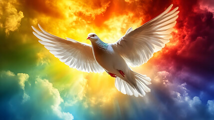 Obraz premium Dove in Flight with Colorful Clouds Illustration