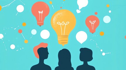 Silhouettes of three people with colorful light bulbs and speech bubbles, symbolizing ideas and collaboration.