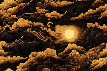 A painting of a mountain range with a sun in the sky. The sun is yellow and the sky is dark