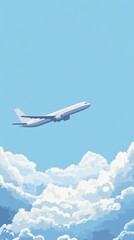 Fototapeta premium White airplane gracefully soars through the sky, leaving a trail above fluffy clouds against a picturesque backdrop of blue sky and shining sun, symbolizing freedom and the excitement of travel