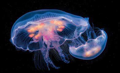 Obraz premium Colorful Jellyfish Underwater: A vibrant display of glowing jellyfish in various colors swimming gracefully underwater.