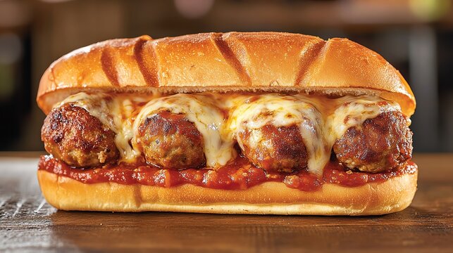 Delicious meatball sub sandwich with melted cheese and rich marinara sauce on a toasted bun, perfect for a hearty and satisfying meal.