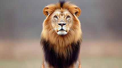 Fototapeta premium Majestic male lion with a dark mane looking directly at the camera in a blurred nature background.
