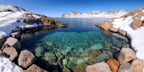 Fototapeta premium Crystal Clear Water Pool in Snowy Mountain Landscape Norway
