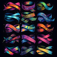 Set of 18 vibrant, colorful, patterned ribbon banners on a dark background.