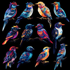 Obraz premium Twelve colorful birds with intricate patterns perched on branches against a black background.
