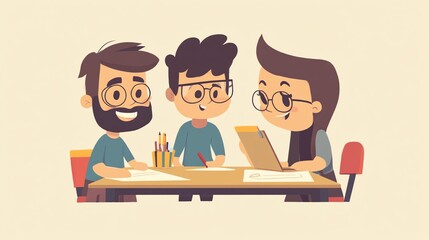 Three friends collaboratively drawing at a table with art supplies, animated style, cheerful atmosphere.