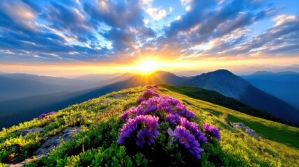 Majestic Mountain Sunset with Purple Flowers and Golden Rays