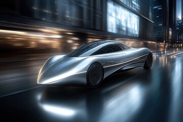 Obraz premium futuristic electric car with a sleek aerodynamic design speeding through a modern city at night, reflecting urban lights and showcasing advanced technology with a streamlined metallic body