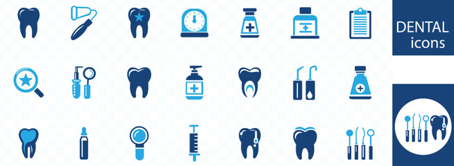 Dental icon set. Containing tooth, dentist, toothpaste, toothbrush, teeth, implant and dentistry icons. Solid icon collection. Vector illustration