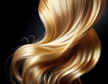 3d rendering silky healthy golden wavy hair strand isolated on black background close up of curly blond hairpiece hairy ribbon chignon hair extension clip art
