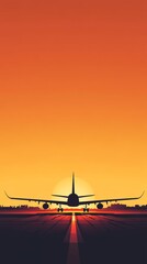 Silhouette of airplane landing at sunset with city skyline in background, evoking travel, adventure, and excitement