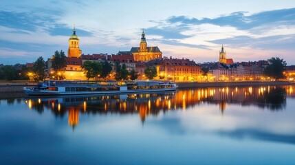 Fototapeta premium Poland's stunning nighttime cityscape of Warsaw, featuring the Palace of Culture. 