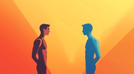 Fototapeta premium Two human figures in profile, facing each other against a vibrant gradient background.