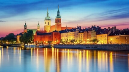 Obraz premium Poland's stunning nighttime cityscape of Warsaw, featuring the Palace of Culture. 