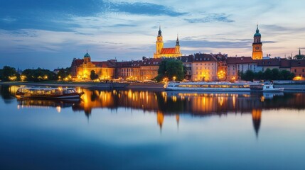 Fototapeta premium Poland's stunning nighttime cityscape of Warsaw, featuring the Palace of Culture. 