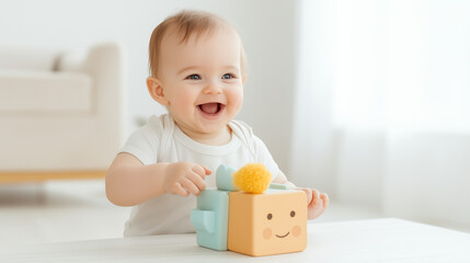 A baby is playing with a toy that has a face on it
