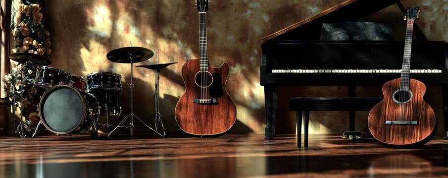 A cozy music room featuring a grand piano, guitars, and drums, creating an inviting atmosphere.