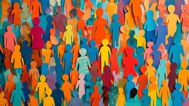 many paper people, diversity concept, colorful background