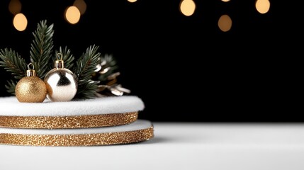 Festive Christmas Ornament and Pine Branch on Glittery Background