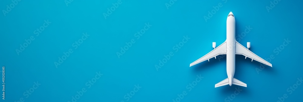 Poster minimalist picture of a white airplane model over a blue background with copy space. perfect for tra
