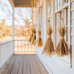 Golden straw decorations hanging from a porch, rustic simplicity