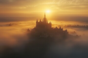 Fototapeta premium A Majestic Castle Towering Over a Medieval Kingdom, Surrounded by Fog and Illuminated by a Golden Sunrise