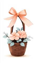 A charming wicker basket adorned with peach flowers and leaves, topped with a stylish ribbon, perfect for any occasion.