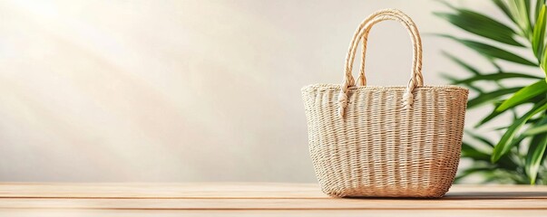 Obraz premium Handmade straw bag on a wooden table, eco-friendly fashion accessory, natural fibers