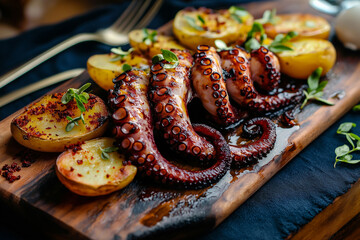 Pulpo a la Gallega, Spanish octopus. Typical Spanish dish from Galicia made of octopus with potatoes, olive oil and paprika served on wooden board with wine. Popular octopus recipe