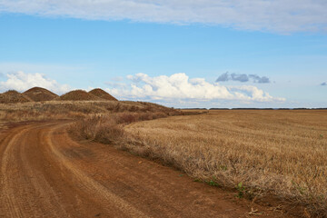 a village road next to a harvested wheat field
