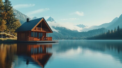 Fototapeta premium Serene Lakeside Cabin with Majestic Mountain Backdrop