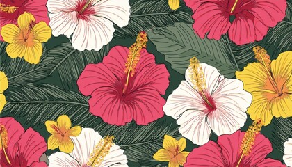 beautiful tropical floral seamless pattern with hand drawn hibiscus flowers ready floral print design